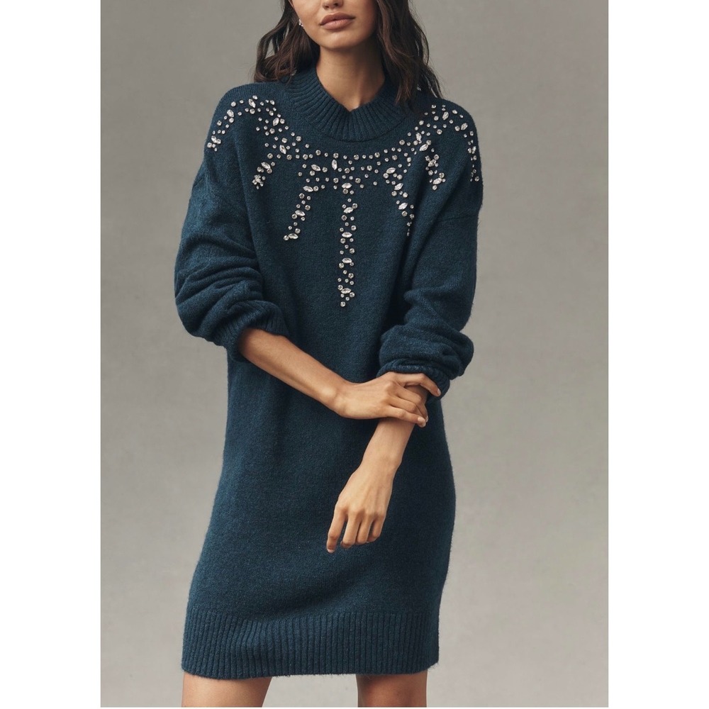 Anthropologie Long-Sleeve Embellished Sweater Mini Dress Women's M Fall NEW